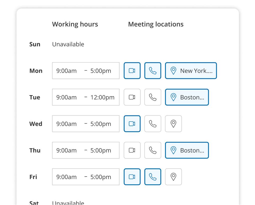 Interface for setting availability in a booking calendar